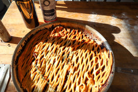 Picture of pot pie in a steel pan. 