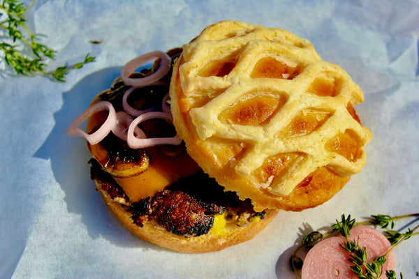 Burger with fancy lattice topped bun