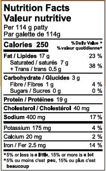 Nutrition facts table for Bump Burger.