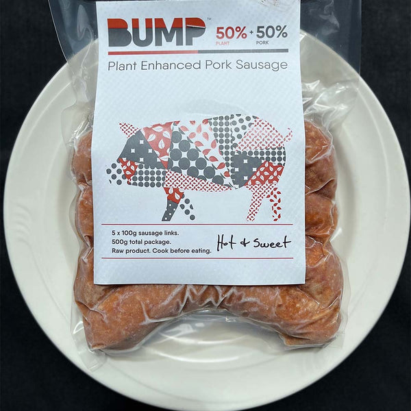 Photo of package of four bump plant enhanced hot and sweet sausages.